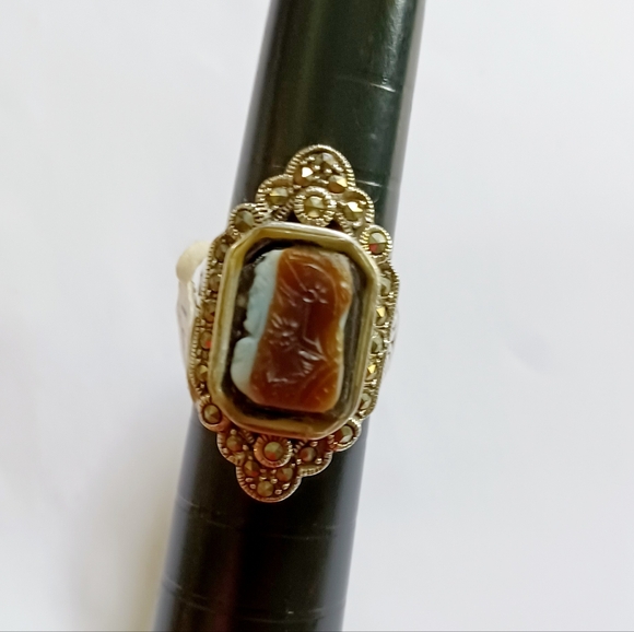 Sterling Silver Reverse Double Cameo Trojan Soldier God With Marcasite Size 8.75